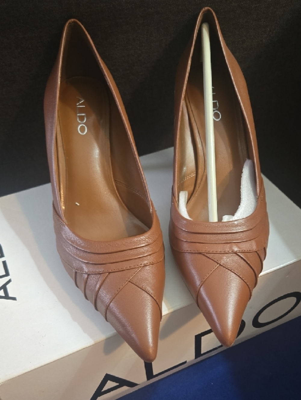 Aldo Tan Pointed-Toe Leather Mid-Heel Pumps